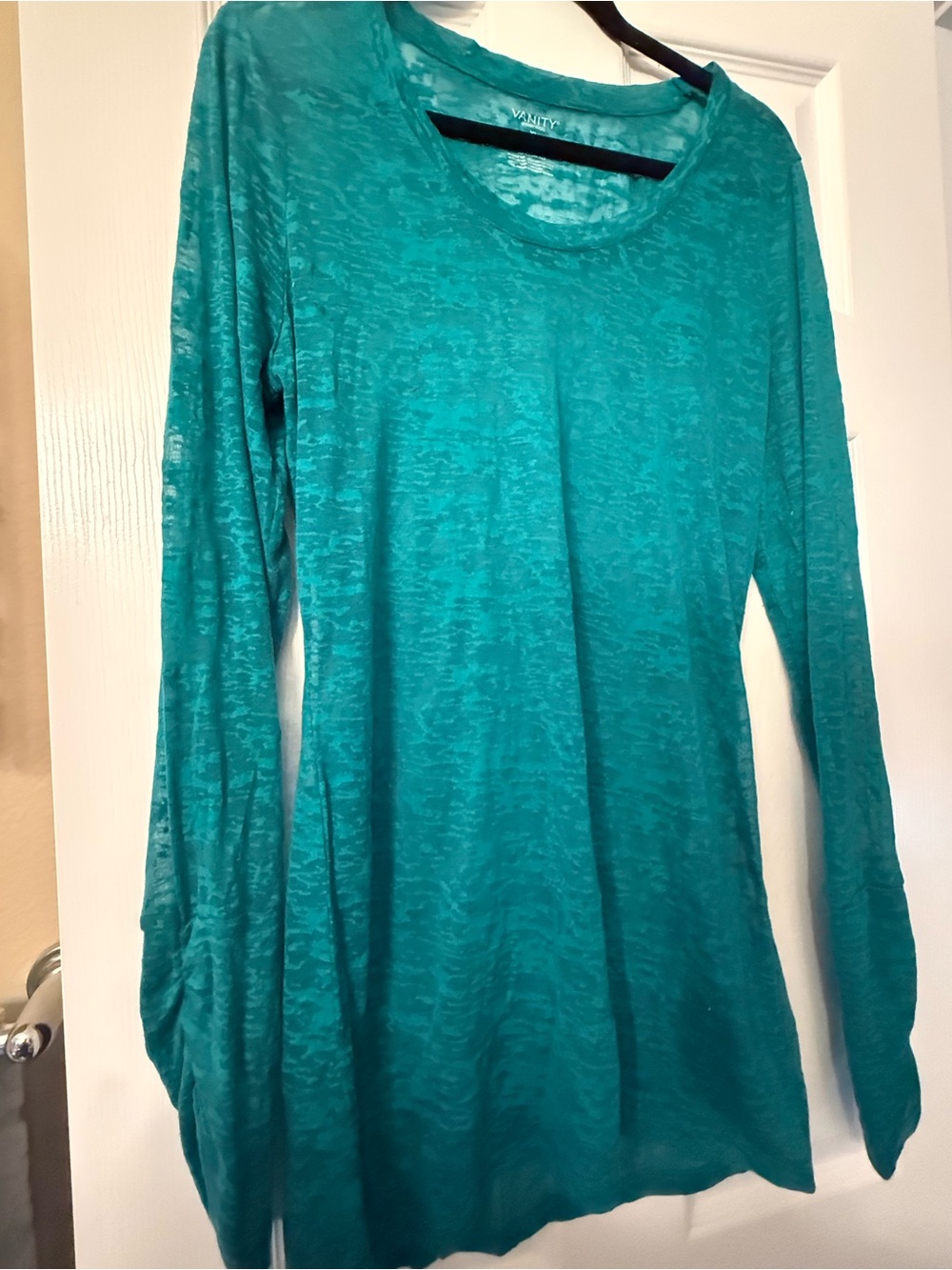 Vanity Teal Burnout Long Sleeve Scoop Neck Top